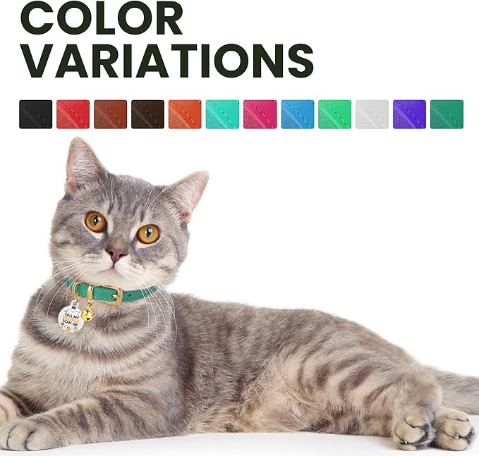 BRONZEDOG Leather Cat Collar with Removable Bells Non Breakaway Kitten QR Tag for Girl Boy (7" - 9" for Cats, Purple & Gold) (Pack of 2)
