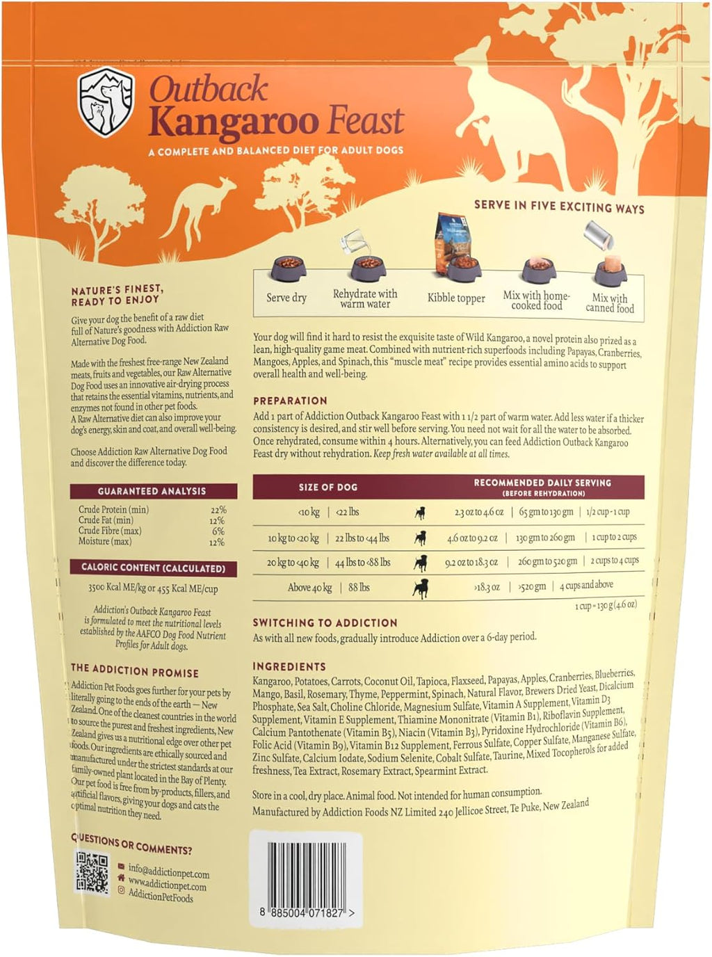 Addiction Outback Kangaroo Feast Air-Dried Grain-Free Dog Food – Complete Meal or Topper with Natural Ingredients for Digestive and Skin & Coat Health, 2lb