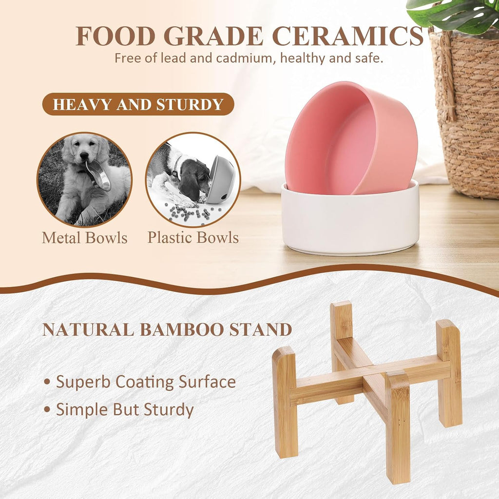 Ceramic Elevated Raised Cat Bowl with Wood Stand No Spill Pet Food Water Feeder Cats Small Dogs