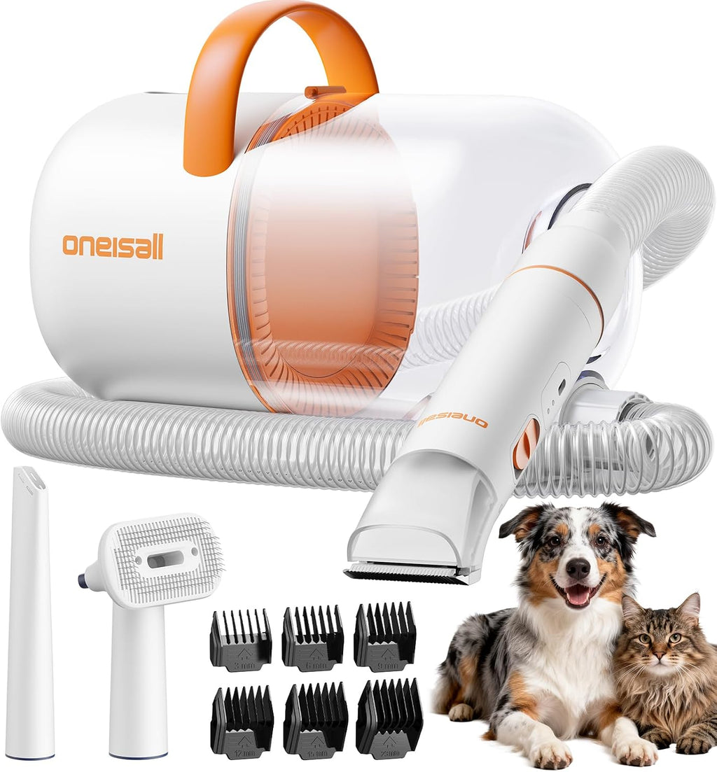 oneisall Dog Grooming Vacuum - 15000Pa Suction, Captures 99% Pet Hair to Reduce Shedding, Dog Grooming Clippers & Quiet Brush (≤59dB) with 4 Accessories, 2L Dust Canister for Home Cleaning（Orange） | 15000Pa Suction Power, Dog Grooming Kit, Low