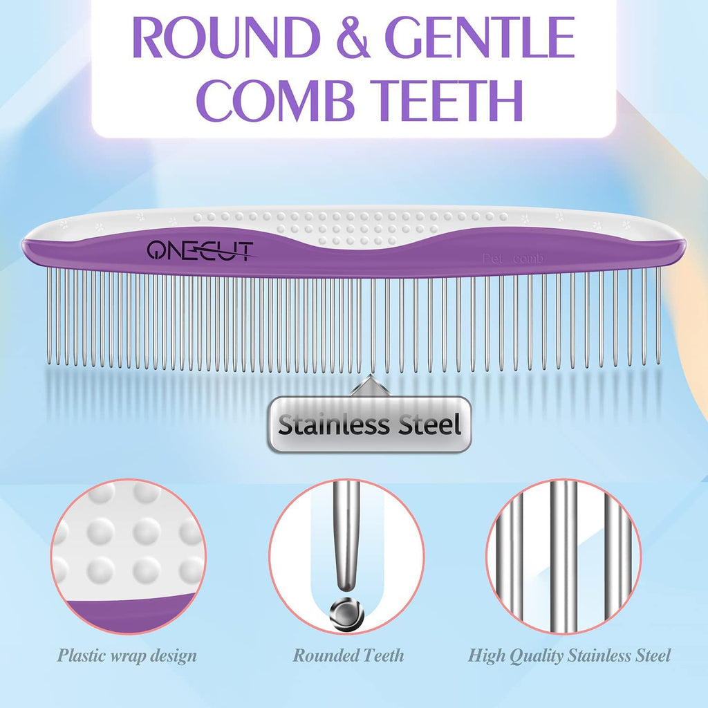 Dog Comb, OneCut Pet Grooming Tool for Removing Tangles Knots and Matted Fur, Wide and Narrow Teeth Comb Design for Dogs and Cats (Purple)