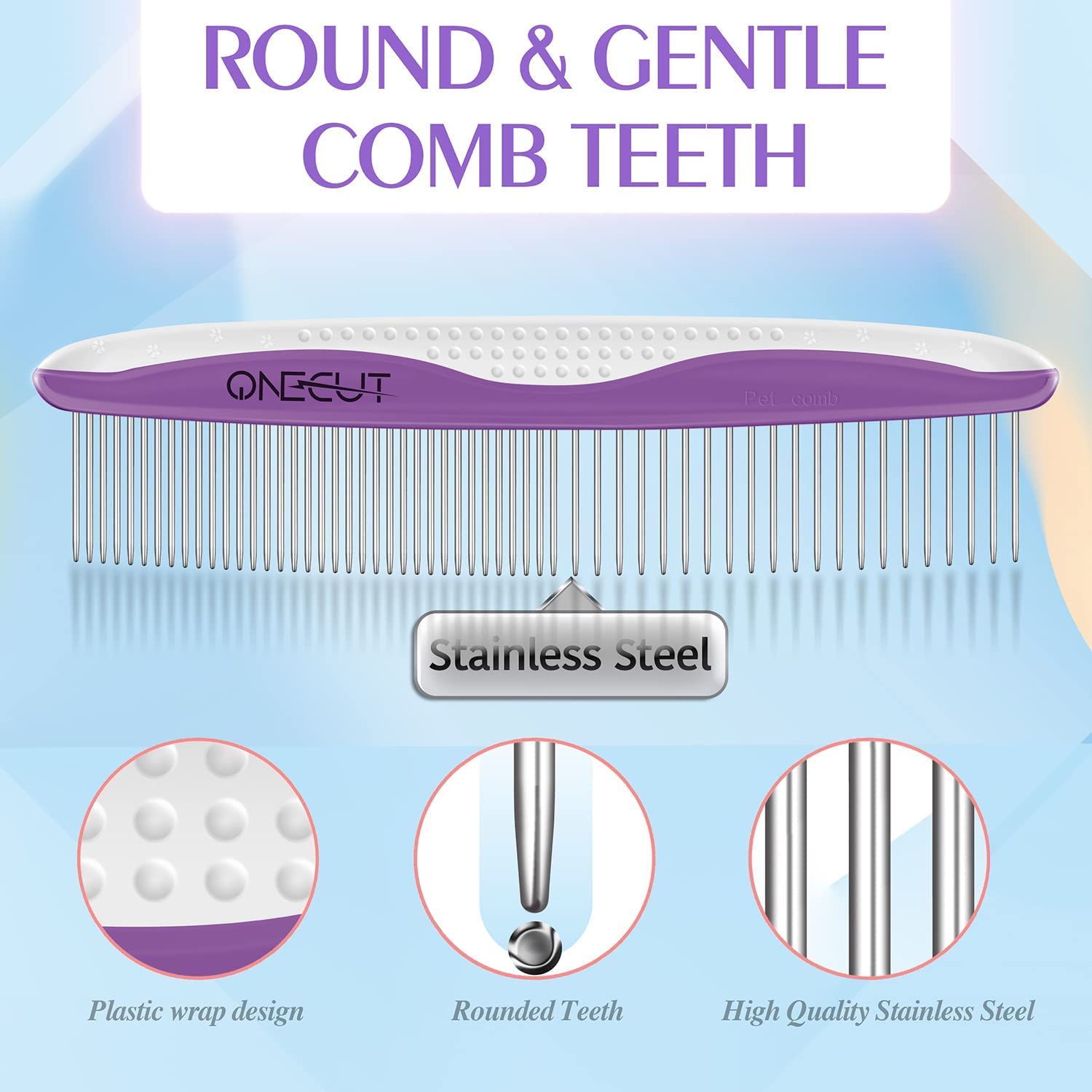 Dog Comb, OneCut Pet Grooming Tool for Removing Tangles Knots and Matted Fur, Wide and Narrow Teeth Comb Design for Dogs and Cats (Purple)