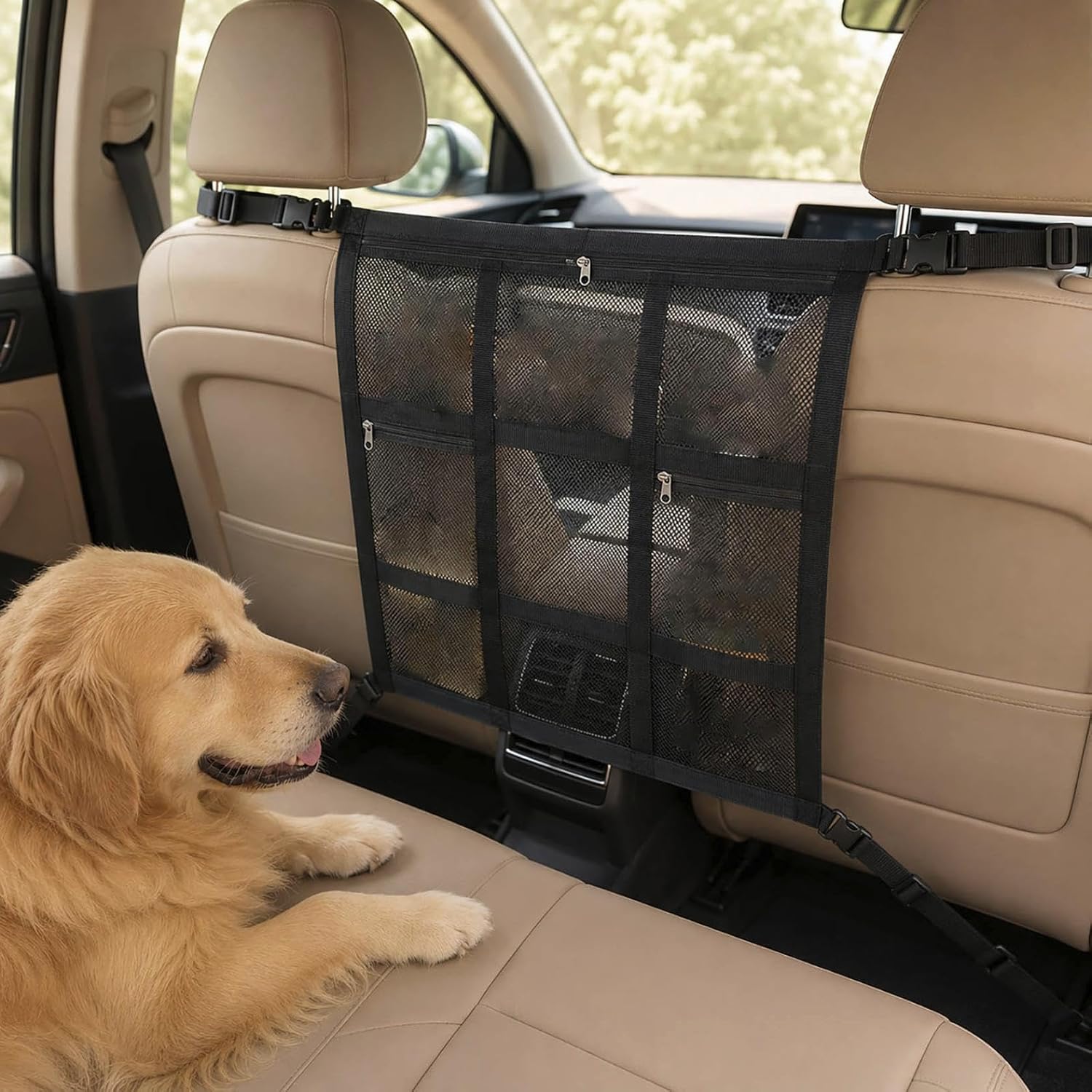 Dog Car Barrier 2026 Upgrade, Double Layer Mesh Dog Net for Car Divider with Storage Organizer, Universal Fit for SUVs, Sedans & Trucks, Easy to Install & Breathable Vehicle Travel Fence, no Storage