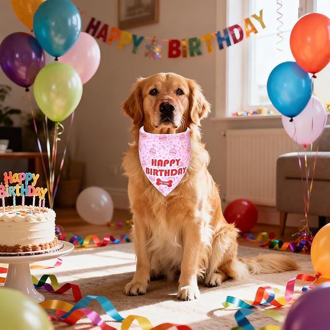 Dog Birthday Bandana Girl for Medium Large Dogs, Reversible 2 Patterns in 1, White & Pink Confetti Scarf, Puppy Party Outfit Gift (14-18" Neck)