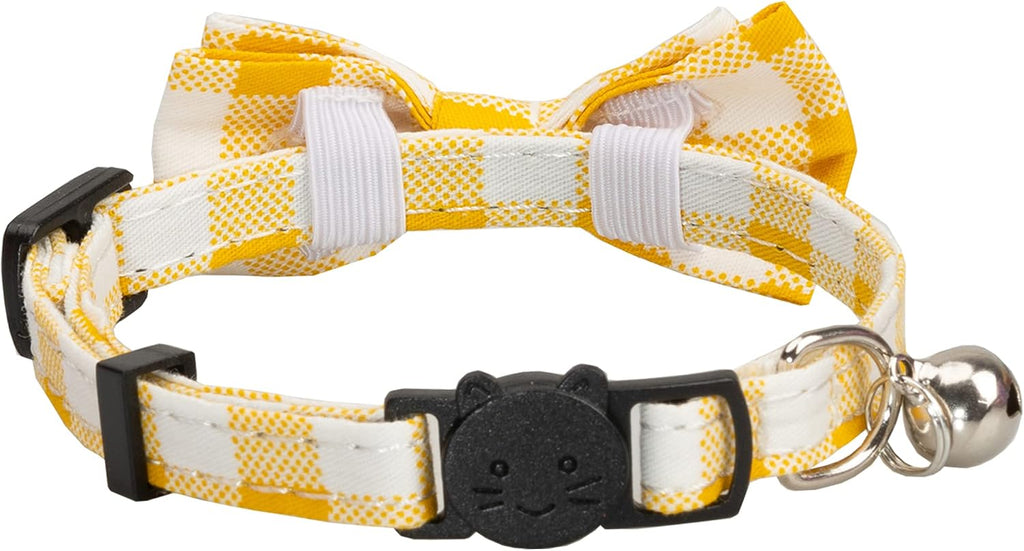Cat Collar with Bow Tie Bell Breakaway Bowtie 2pcs Set Spring Plaid Flower Floral Solid Boy Girl Cute Kitten Safety A Yellow Flower & Plaid