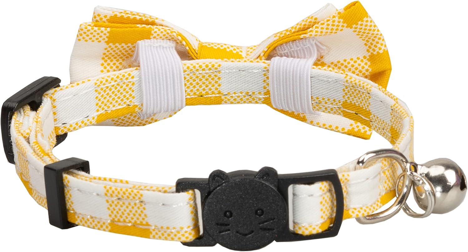 Cat Collar with Bow Tie Bell Breakaway Bowtie 2pcs Set Spring Plaid Flower Floral Solid Boy Girl Cute Kitten Safety A Yellow Flower & Plaid
