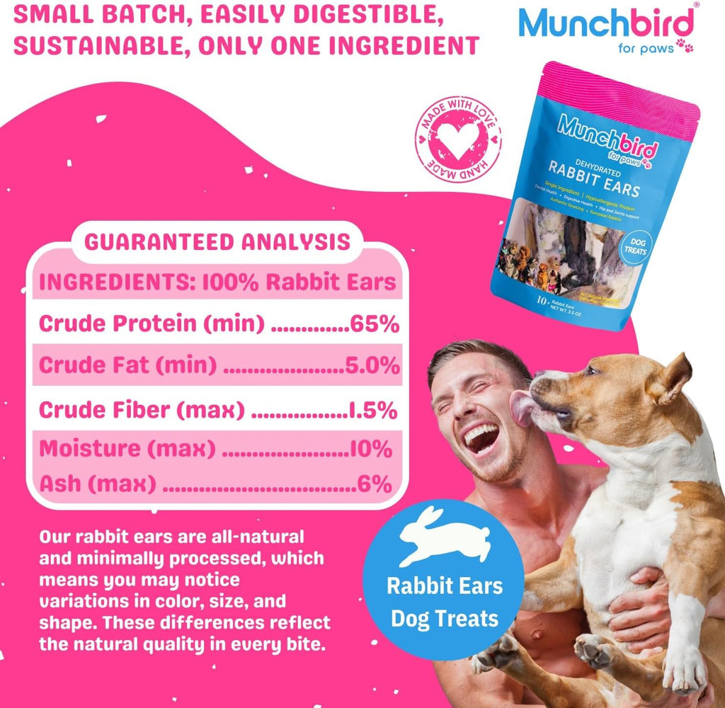 Munchbird Dehydrated Rabbit Ears 100g (3.5 oz) 12-15 pcs for Dogs, European Furry Rabbit Ear Natural Fiber for Pets, Rawhide Free Alternative to Pig Ears Dog Treats, Ear Size Varies