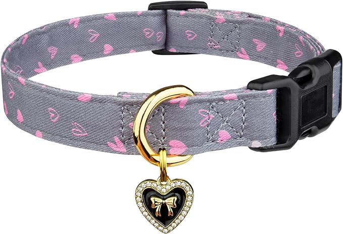 Cotton Handmade Dog Collar Cute and Distinctive Patterns Grey Heart with Pendant for Girl Boy Dogs Collars S