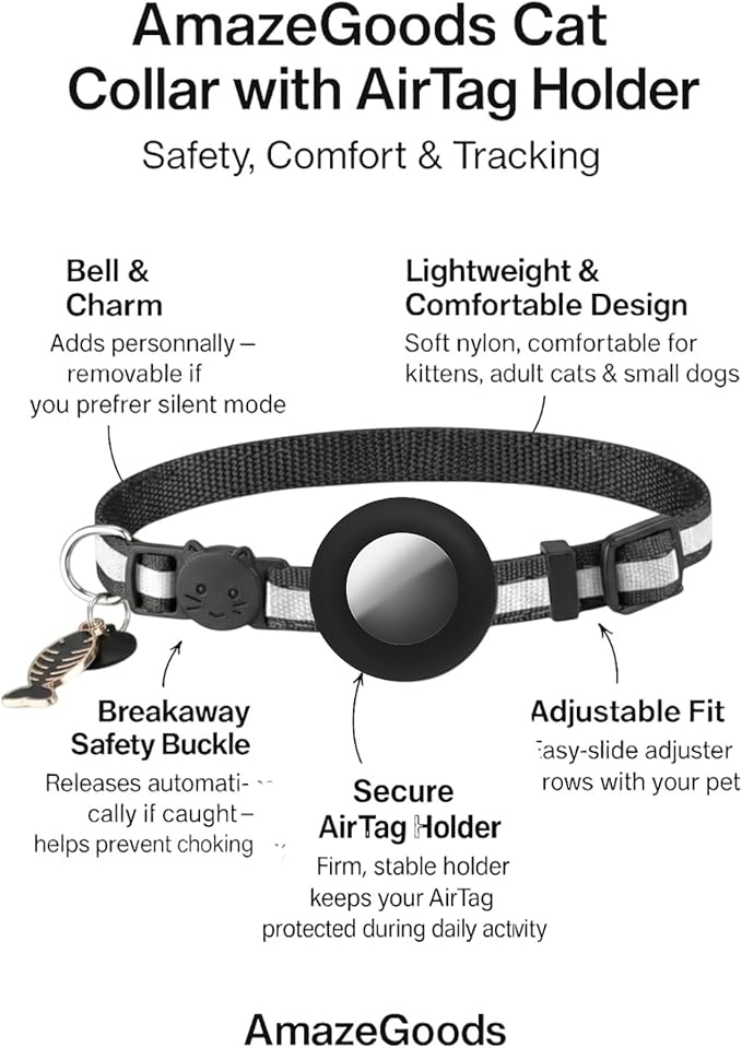 Adorable AirTag Cat Collar with Elastic, Durable Apple AirTag Holder – Lightweight, Comfortable & Adjustable Design with Breakaway Safety and Bell – Cute Choice for Girl & Boy Cats