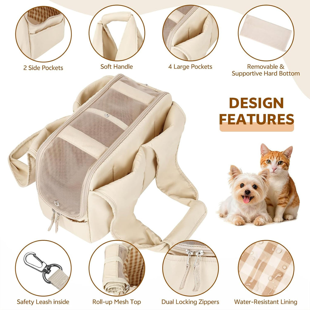 Dog Purse Carrier for Small Dogs and Cats, Soft-Sided Pet Tote Bag with 6 Large Pockets, Collapsible Travel Puppy Carrier with Small Cushion, Fits Pets up to 6 lbs (Beige, 13.6" L x 6.6" W x 10" H)