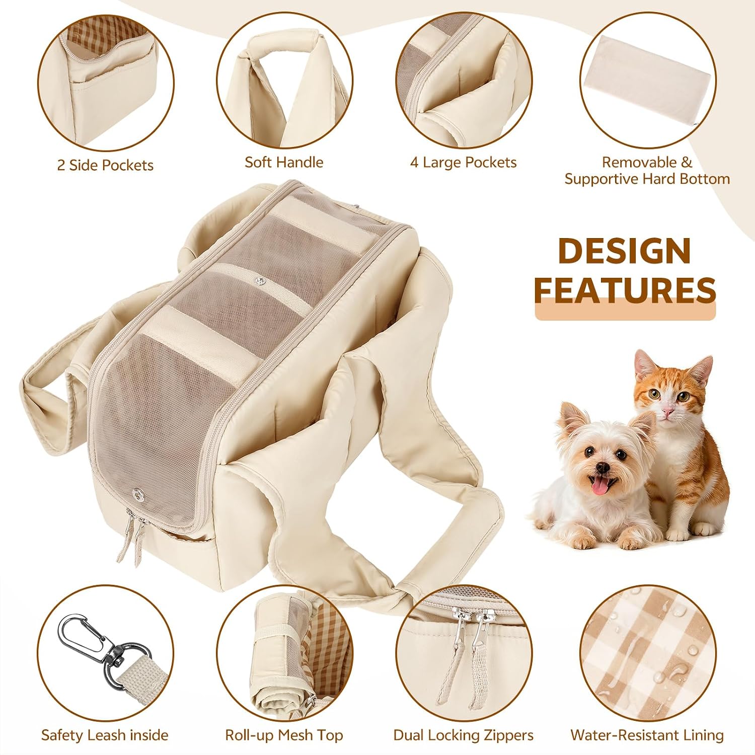 Dog Purse Carrier for Small Dogs and Cats, Soft-Sided Pet Tote Bag with 6 Large Pockets, Collapsible Travel Puppy Carrier with Small Cushion, Fits Pets up to 6 lbs (Beige, 13.6" L x 6.6" W x 10" H)