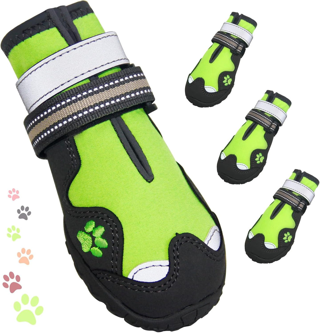 Dog Shoes for Large Dogs, 360°Anti Slip Medium Dog Boots & Paw Protectors Winter Snowy, Waterproof 4Pcs Dog Booties with Reflective Strips (Size 5: 2.37''x2.87''(W*L), Green)