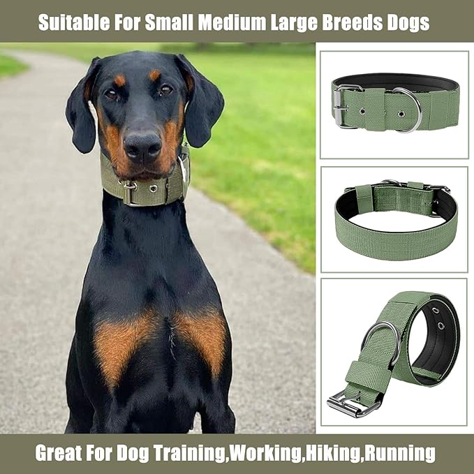 Heavy Duty Tactical Dog Collar - 1.5" Width Military Durable Thick Nylon with Adjustable Metal D Ring & Buckle Working Training K9 Collar for Medium Large Dogs (M(17"-20"), Army Green)
