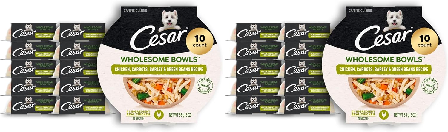Cesar Wholesome Bowls Adult Wet Dog Food,Chicken,Carrots,Barley & Green Beans Recipe,Wet Food for Dogs,3 Oz. Bowls,10 Count (Pack of 2)