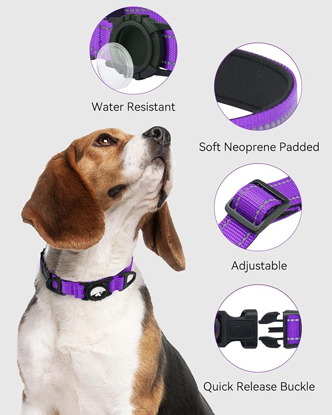 Joytale Airtag Dog Collar, Reflective Pet Collar with Waterproof AirTag Holder, Dual D-Rings, Soft Padded Adjustable for Small Dogs, Purple, S