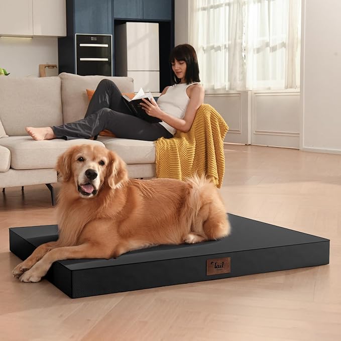 Outdoor Large Washable Dog Bed, Orthopedic Egg Crate Foam Dog Crate Mat for Large Dogs with Removable Oxford Cooling Cover, Black