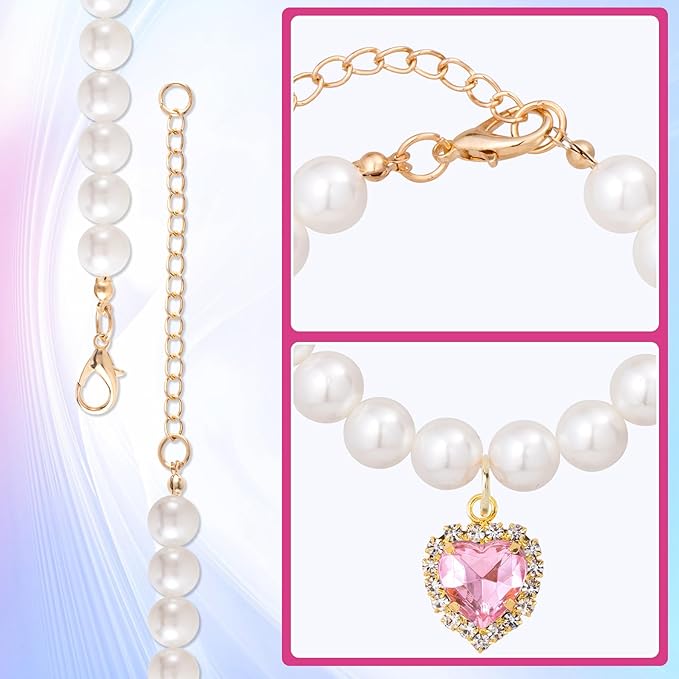2pcs Cat Pearl Collar with Heart Pendant, Cute Pearl Pet Necklace in Small, Adjustable Wedding Party Small Dog Jewelry Accessories for Puppy Kitten- Pink & Red