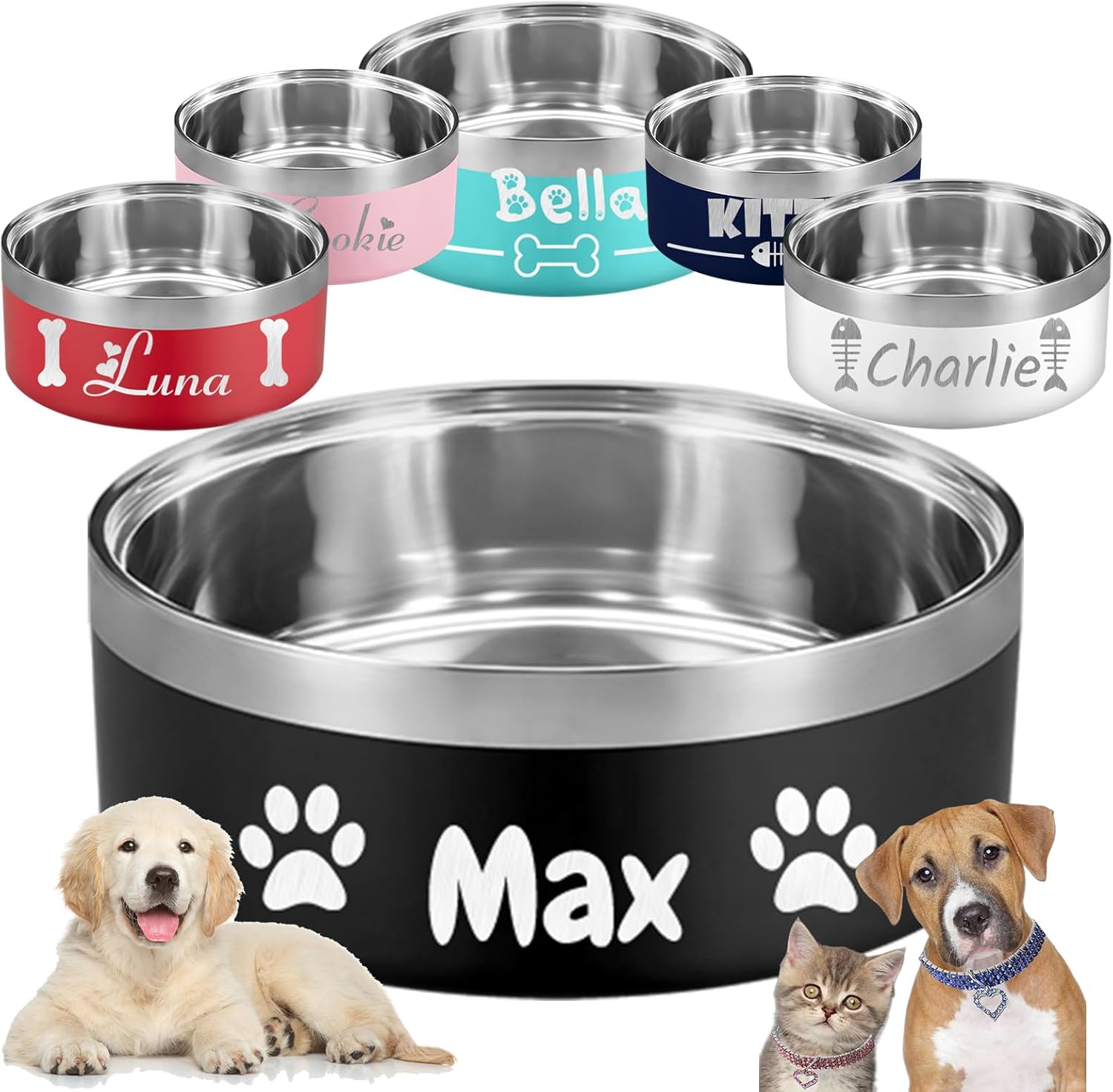 Custom Dog Bowl Personalized Dog Bowls with Name Customized Pet Cat Food Bowls 18/32/42/64 oz. Non Slip Stainless Steel Pet Bowls