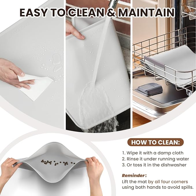 VIVAGLORY Dog Food Mat Flexmat Dog Bowl Mat, Placemat Food Tray with Raised Edges & Lip for Indoor Floor, Non Slip Waterproof Silicone Dish Placemat for Cat & Pet, L, Light Grey