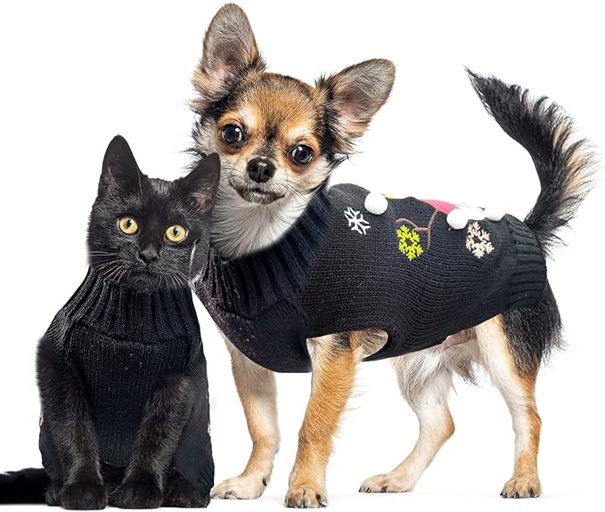 Christmas Dog Sweaters Xmas Pet Outfit Clothes Cute Black Snowman Costume Puppy Cat Knitted Jumpers (XXL,Black Snowman)