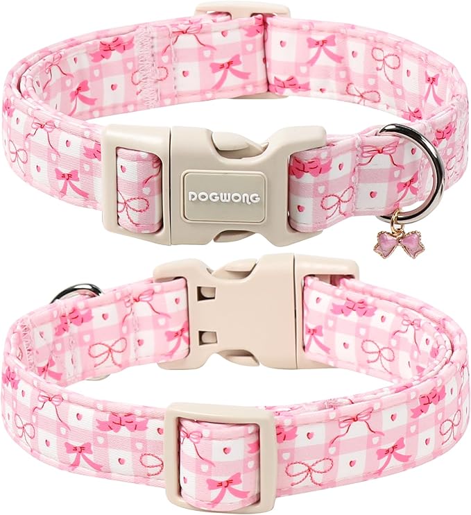 DOGWONG Pink Plaid Dog Collar-Cute Pink Bowtie Print Dog Collar, Adjustable Cotton Girl Female Pet Collar with Quick Release Buckle,XL