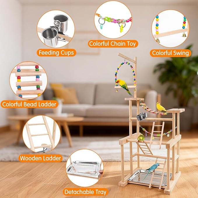 Bird Playground 4 Layer, Parrot Perch Stand Bird Play Stand for Parakeet Conure Cockatiel Lovebird Budgie, Parrot Playground with Feeder Cups, Ladder, Chain Toy, Swing and Detachable Tray
