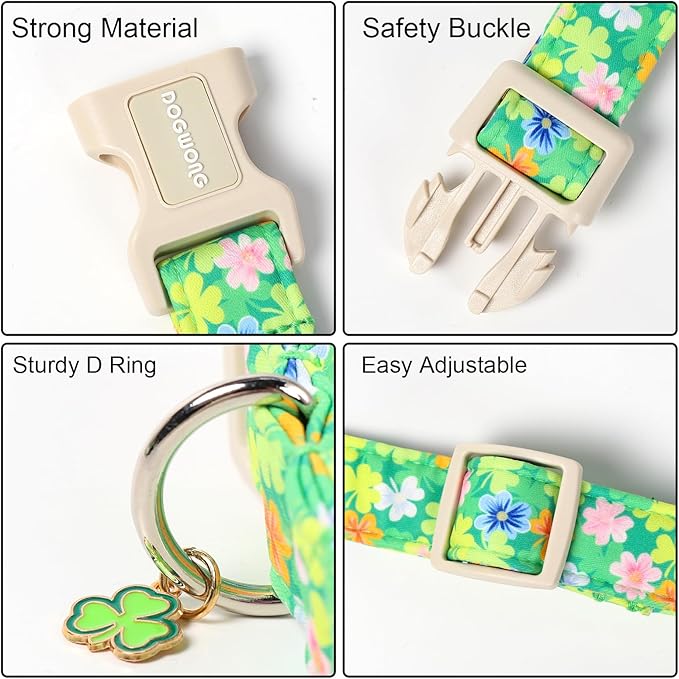 DOGWONG St. Patrick Dog Collar, Comfortable Adjustable Green Clover Pattern Dog Collar for Small Male Female Dogs,XS
