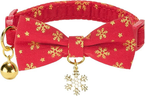 2 Pack Christmas Cat Collar with Bell and Bowtie,with Bling Snowflake Charm and Printing Pattern, Safety Breakaway Clasp, Adjustable for Kitten and Cats Green and Red.