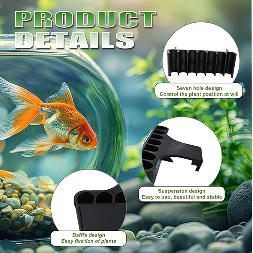 2PC 7 Holes Upgraded Aquarium Plant Holder, Aquatic Plants Cup for Tank, Fish Tank Plant Holder with Long Hook, Aquarium Feeder for Aquascape Decorations on Top of Tank (Black-2PC)