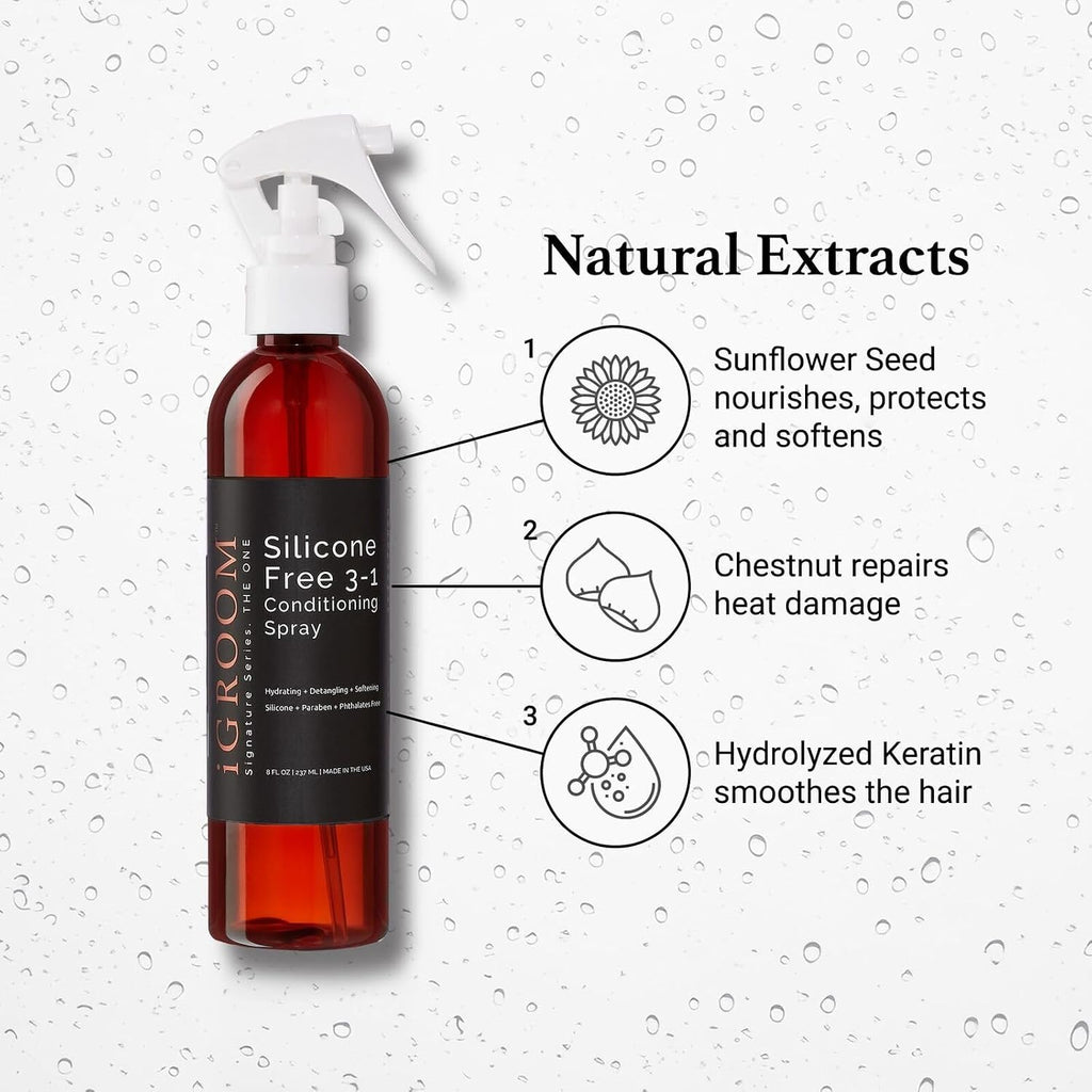 iGroom Silicone Free 3-1 Dog Conditioning/Detangling Spray, Luxury Pet Beauty Care, Hydrating, Paraben and Phthalates Free, Made in USA, 8 oz