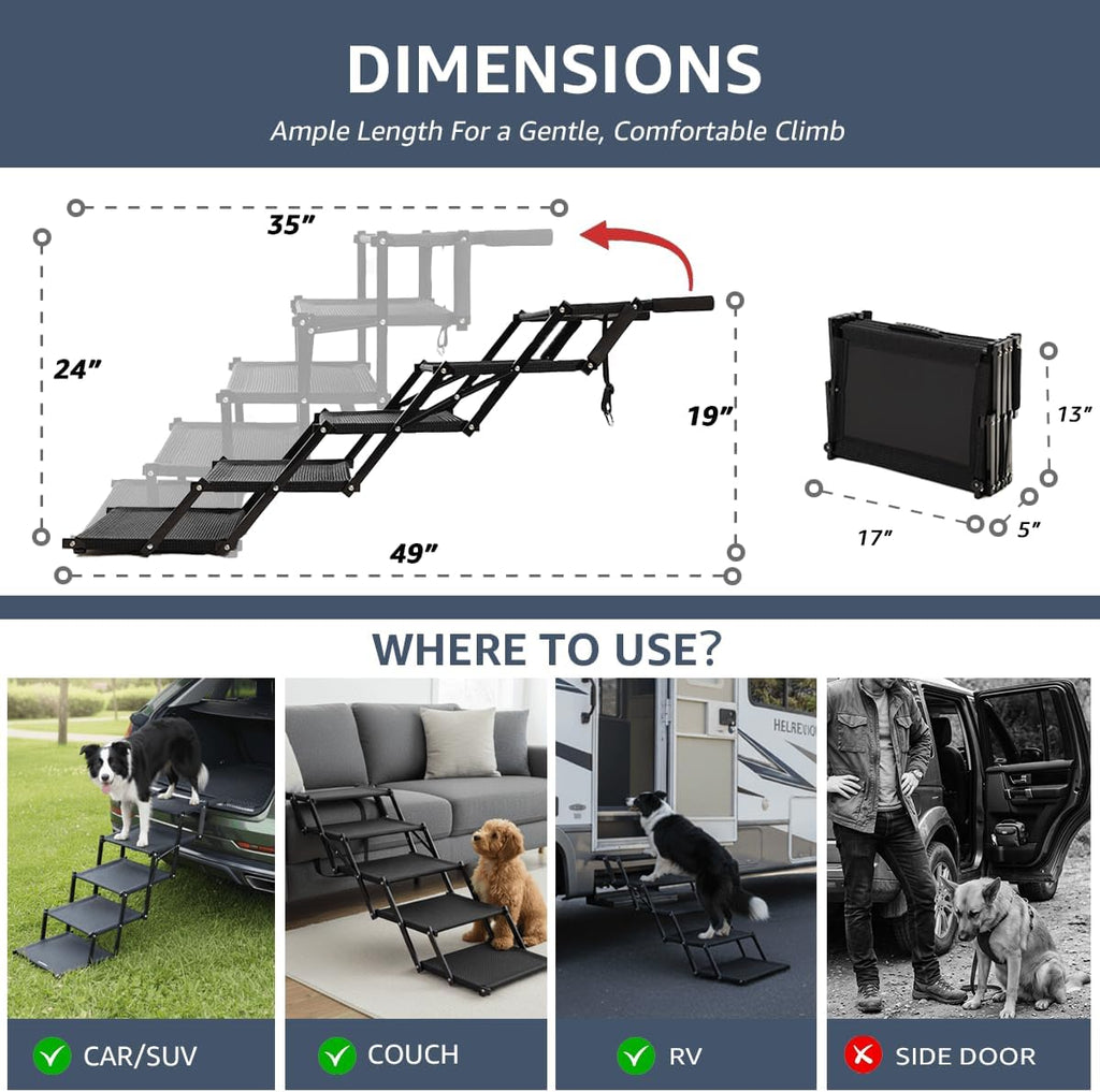 Oiilores Foldable Dog Stairs for Large Dogs - Extra Wide Pet Ramp for Cars, SUV, Non-Slip Surface, Supports Up to 250 Lbs, 5 Steps