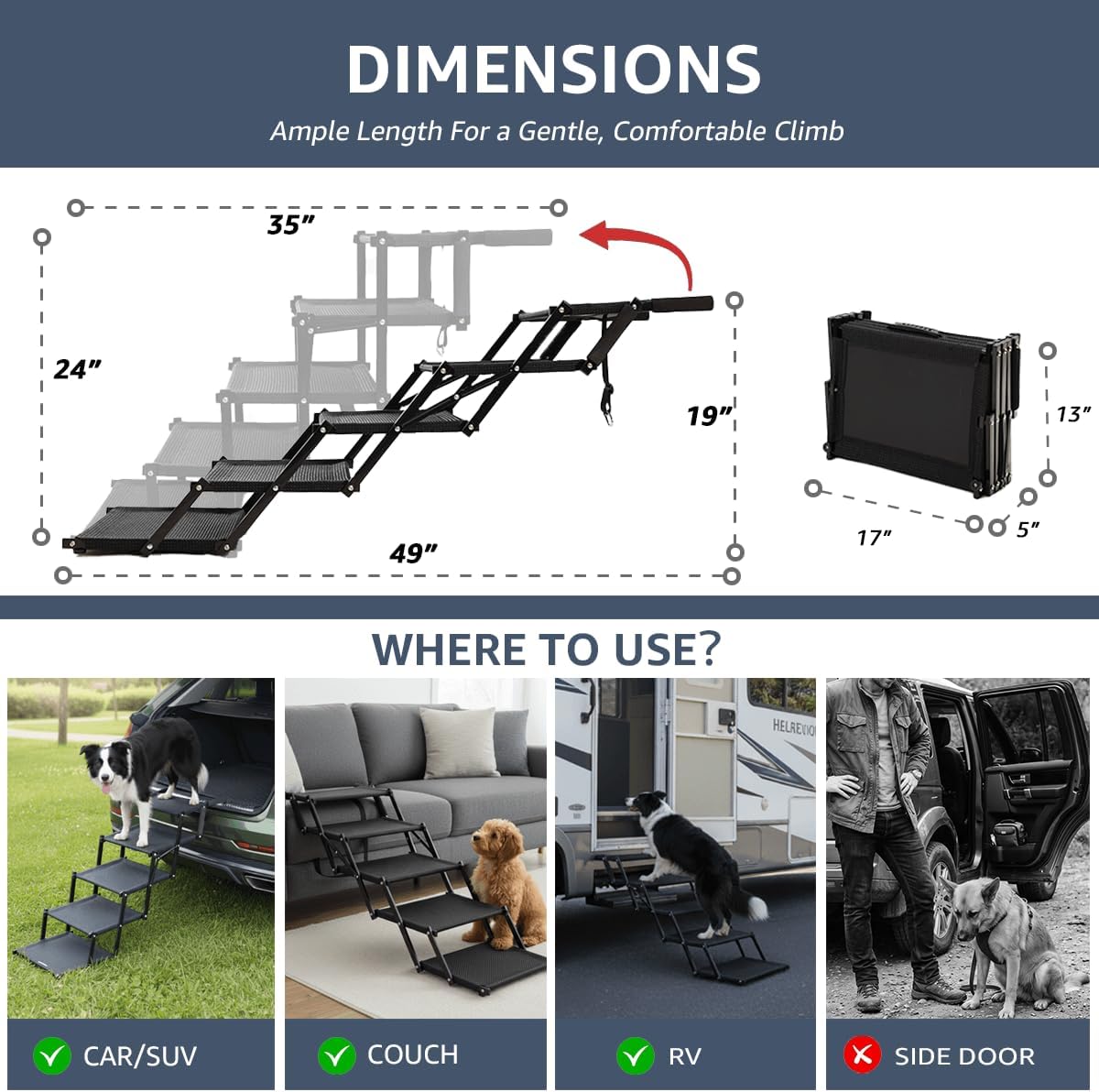 Oiilores Foldable Dog Stairs for Large Dogs - Extra Wide Pet Ramp for Cars, SUV, Non-Slip Surface, Supports Up to 250 Lbs, 5 Steps