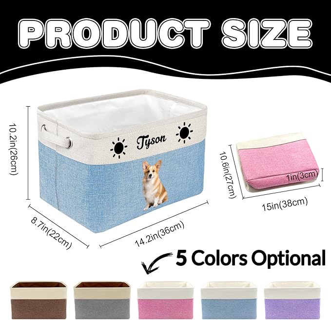 Personalized Dog Toy Storage Basket Custom Dog Name Photo Cat Pet's Gift Baskets Collapsible Organizer Box Foldable Storage Basket with Handle for Toys, Coats, Clothing, Blankets, Brown