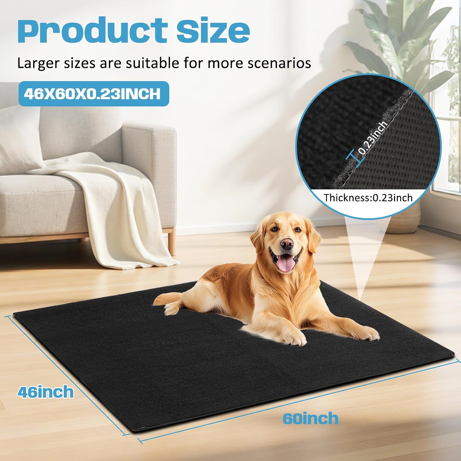 46" x 60" x 0.23" Dog Crate Mat, Extra Large Size, Non-Slip and Waterproof, Washable, Reusable, Can Be Cutting to the Appropriate Aize, Protects Floors, Soft and Absorbent Surface, Rubber Bottom