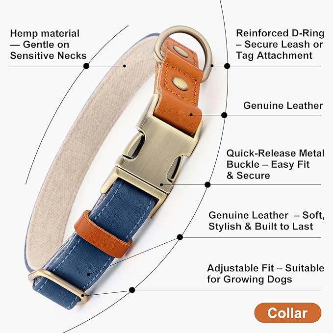 Plutus Pet Genuine Leather & Hemp Dog Collar – Adjustable Heavy Duty Pet Collar with Quick Release Metal Buckle, Soft & Stylish for Puppy and Small, Medium, Large Dogs (Royal Blue, XS)