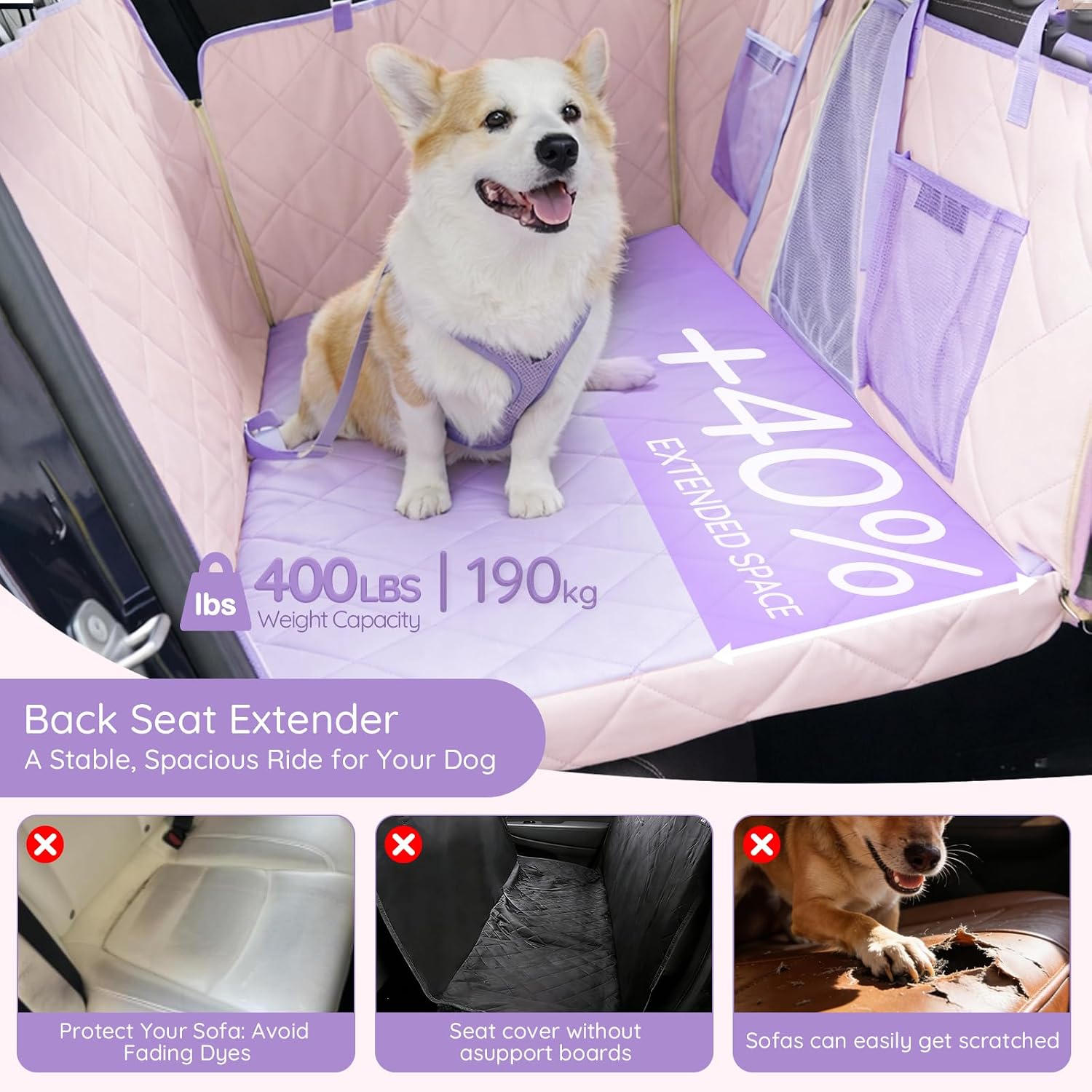 Back Seat Extender for Dogs Hard Bottom, Dog Car Seat Cover for Back Seat Holds 420lbs, Sturdy Backseat Dog Platform for Large Breed Dogs, 600D Oxford & Waterproof Pet Hammock for Cars, SUVs & Trucks