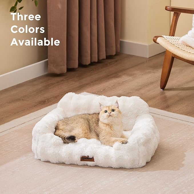Orthopedic Cat Couch Bed for Indoor Cats, Cute Pet Sofa with Supportive Egg Foam, Fluffy Faux Fur Removable Washable Cover and Non-Slip Bottom, Ivory White