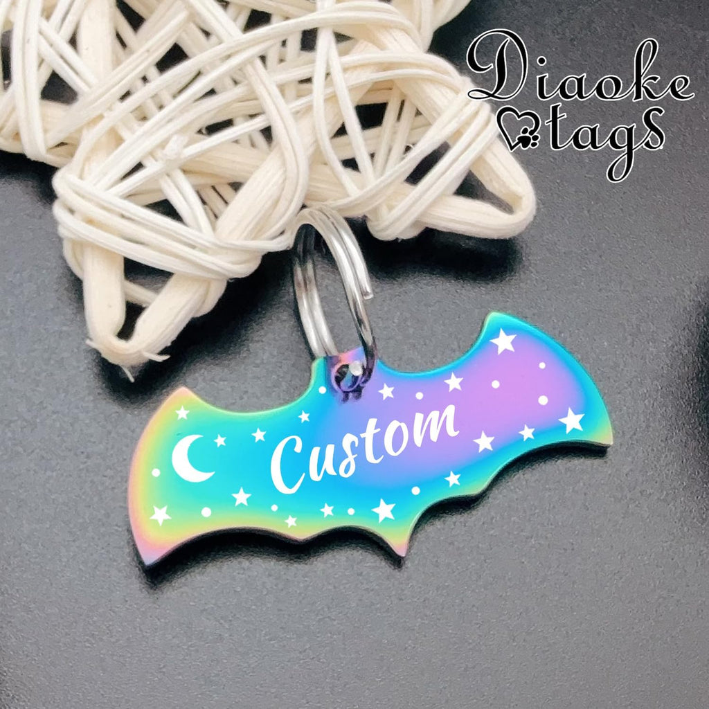 Stainless Steel Cat ID Tag Personalized Pet Tags with up to 4 Lines of Custom Text, Small Pet Mini Dog Cat Tag Lightweight, Engraved on Both Sides, Multiple Patterns Colors Size Options (Bat Shaped)