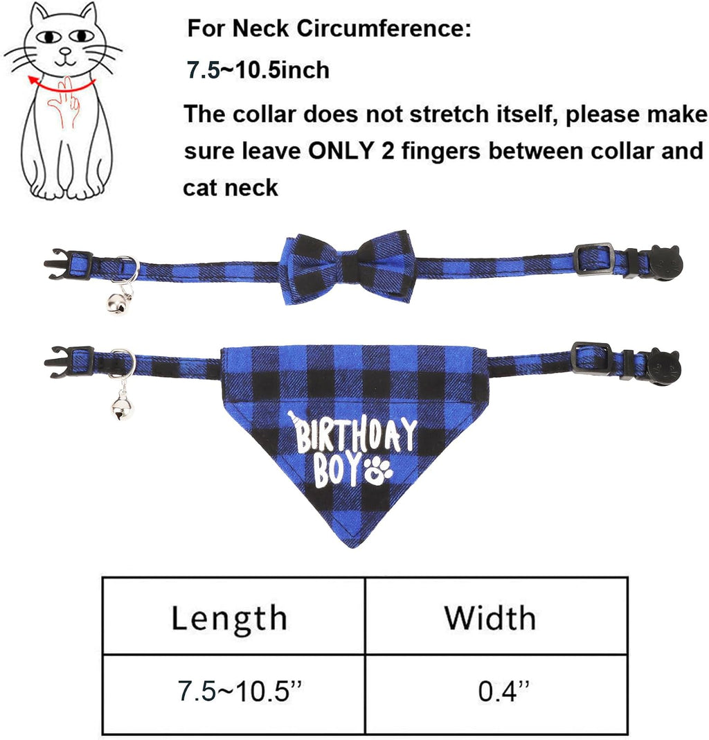 Cat Birthday Boy Bandana Collar, Blue Plaid Cat Bow Tie Collar | Detachable Bow Tie & Bandana, Soft Buffalo Plaid Fabric, Safe Breakaway Buckle, Adjustable, for Cat Kitten Birthday Party