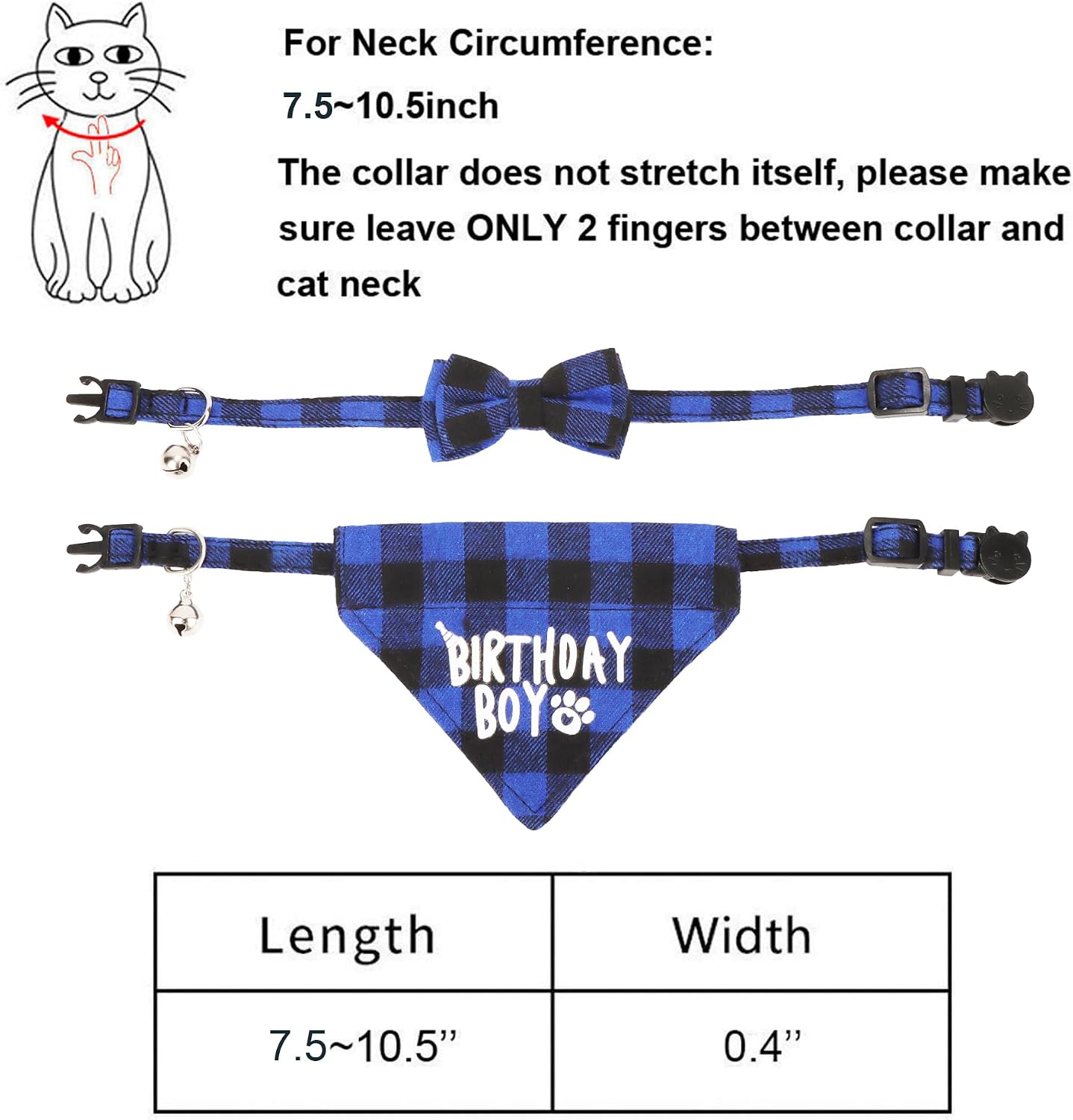Cat Birthday Boy Bandana Collar, Blue Plaid Cat Bow Tie Collar | Detachable Bow Tie & Bandana, Soft Buffalo Plaid Fabric, Safe Breakaway Buckle, Adjustable, for Cat Kitten Birthday Party