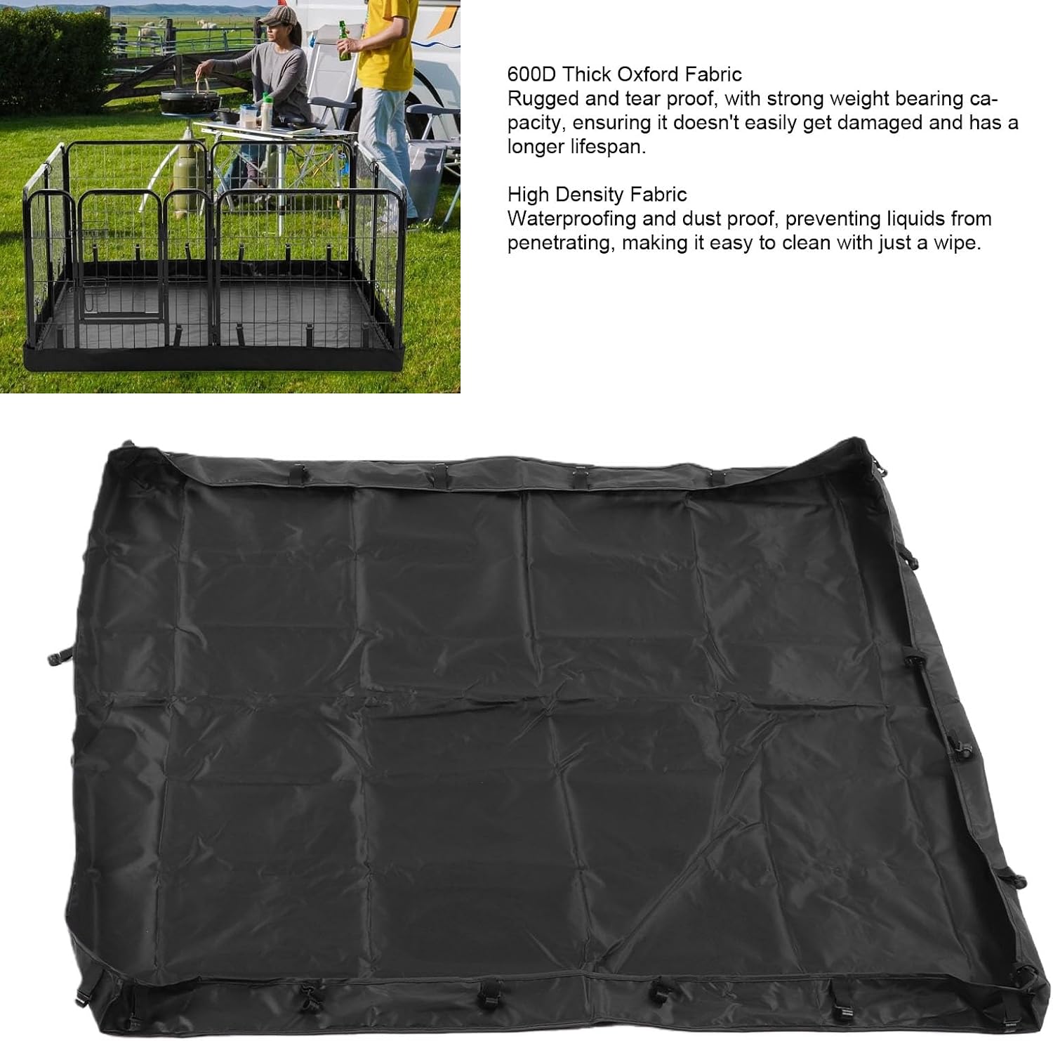 Dog Playpen Bottom Pad Cover Only, Black (4 Sided) | Water proof 600D Oxford, Replacement Floor Mat for Pet Playpen, Indoor Outdoor Use, with Hook Connect Snap