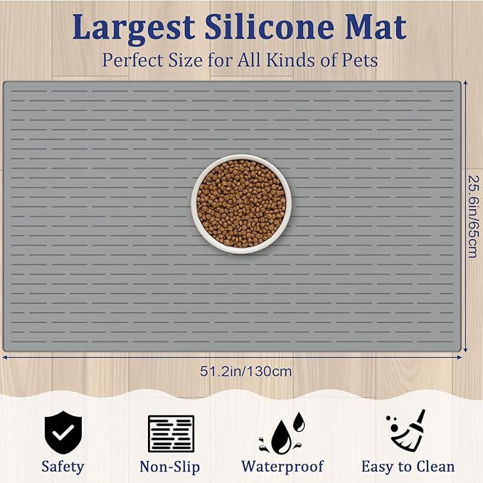 XXXXL Largest Pet Food Mat, 51.2"x25.6"(130cmx65cm) Silicone Dog Mats for Food and Water, Nonslip Pet Feeding Mats for Floors,Dog Cat Bowl Mat with Raised Edges, Lake Blue