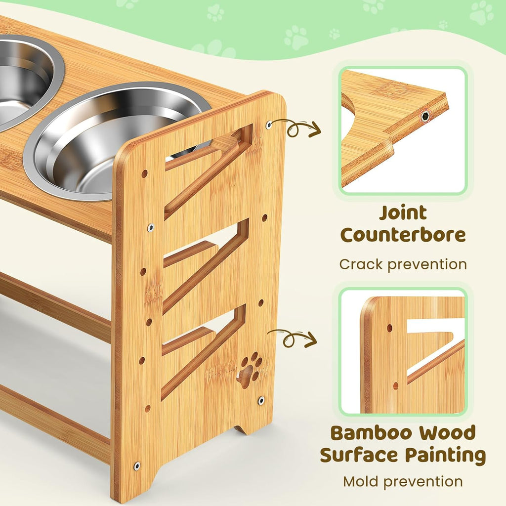Elevated Dog Bowls, Adjustable Raised Dog Bowl Stand for Large and Medium Pet, 15" High Bamboo Pet Food Feeder with 2 Stainless Steel Dishes（6 Heights）