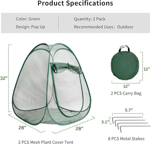 2PCS Mesh Plant Protector Tent from Animals, 28X28X32Inch Pop Up Garden Netting Cover Large Green Crop Cage Plant Protection Tent to Protect Outdoor Potted Plants Flowers Fruits from Deer Birds Cat