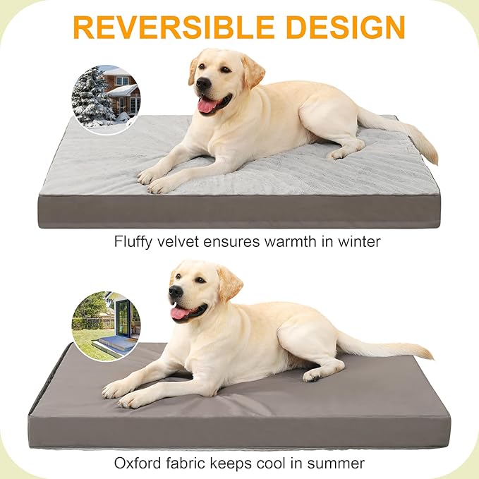 KSIIA Orthopedic Dog Bed Waterproof Dog Crate Bed for Extra Large Dogs Deluxe Plush Washable with Egg Crate Foam & Removable Cover, 47 x 29 Inch, Gray