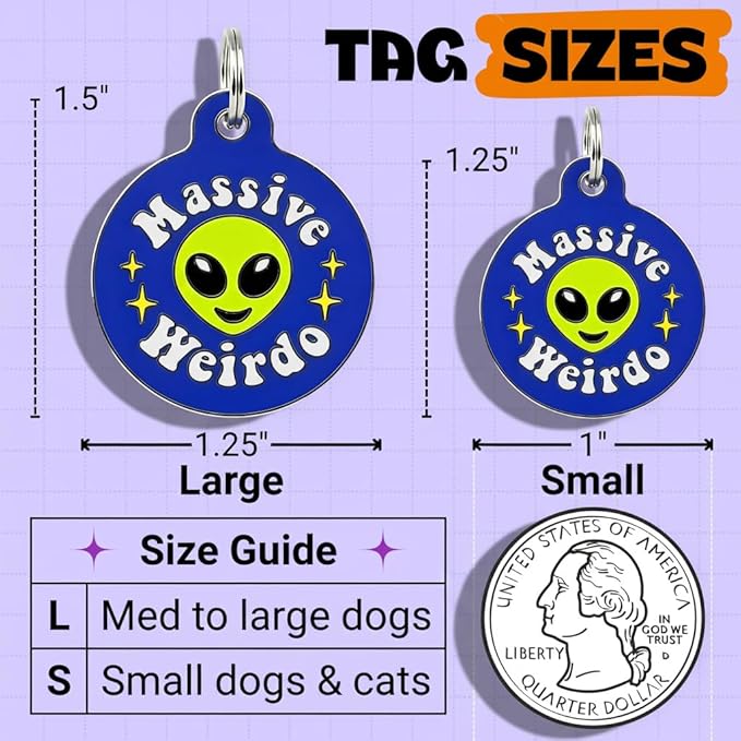 Bad Tags Personalized Dog and Cat ID Tags in 25+ Designs and 2 Sizes - 5 Lines of Custom Engraved Text - Funny Cute Personalized Pet Tags (Massive Weirdo, Small (1 inch))