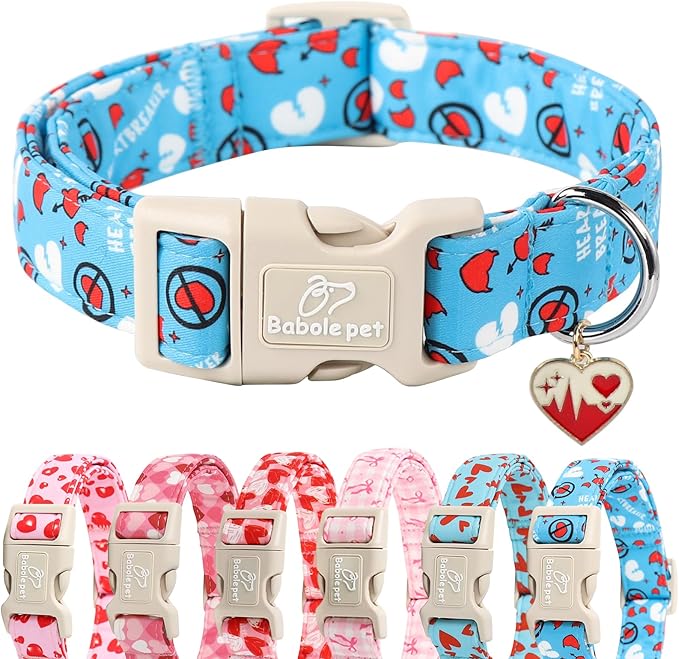 Valentines Dog Collar, Blue Heart Dog Collar, Cute Loving Heart Printed Collar with Quick Release Plastic Buckle for Boys&Girls Dogs, X-Large