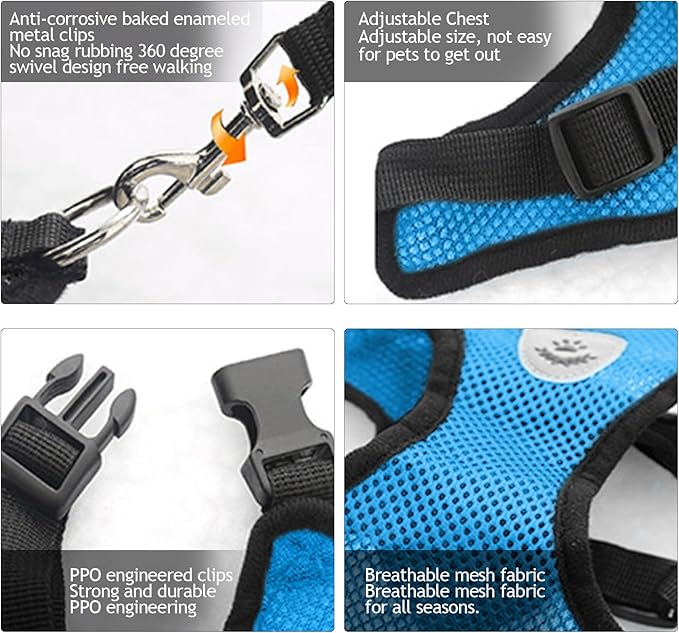 Shudyear Cat Harness and Leash, Adjustable Soft Mesh, Anti-Escape, Reflective Design, Size M, Sky Blue
