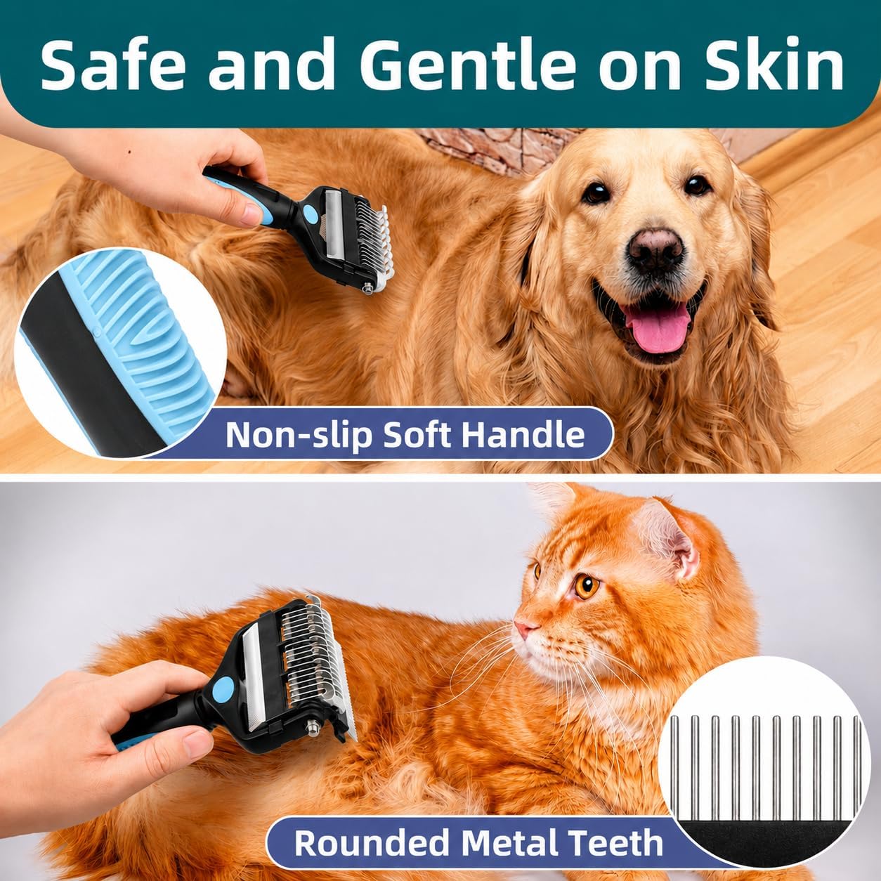 3-IN-1 Pet Grooming Tool - Undercoat Rake, Dematting Comb & Deshedding Brush for Cats, Dogs, Horses - Removes Mats, Tangles & Loose Fur, Reduces Shedding & Prevents Hair Mess (Blue)