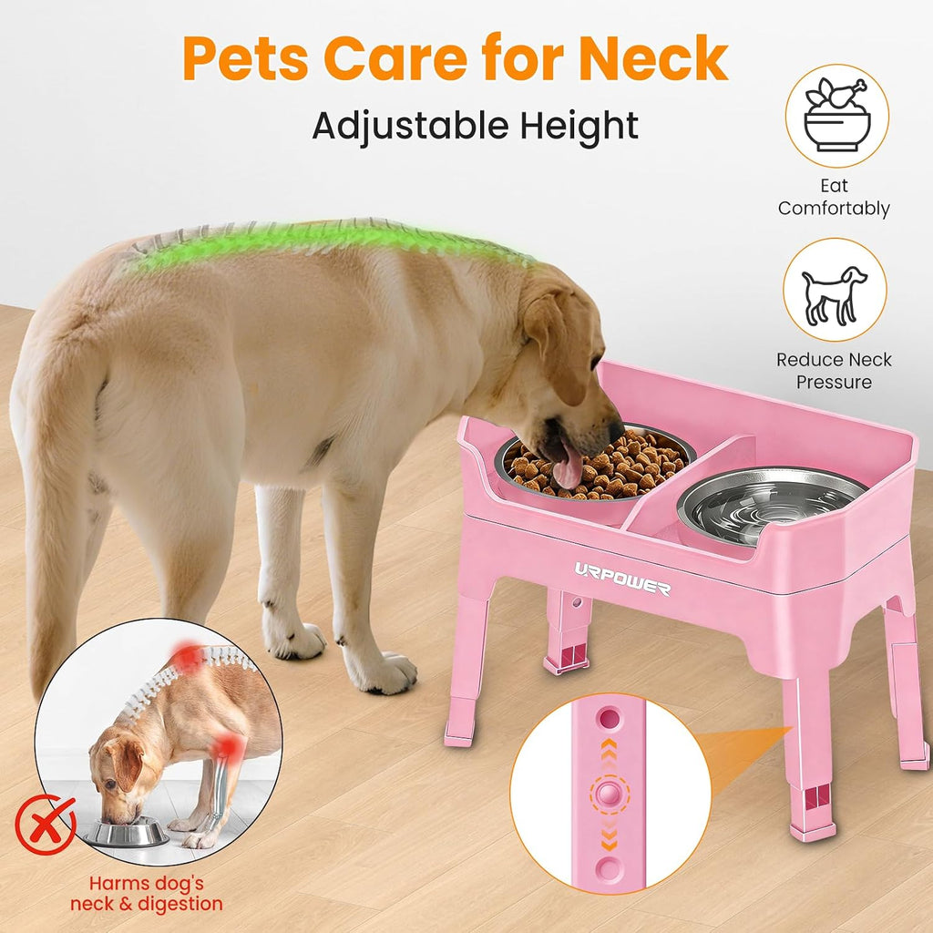 URPOWER 3-in-1 Elevated Dog Bowls - Double Deck Raised Dog Bowl Stand | 4 Adjustable Heights, 2 Stainless Steel Food Bowls, Mess Proof Licking Plate, Foldable Stand for Small Medium & Large Dogs